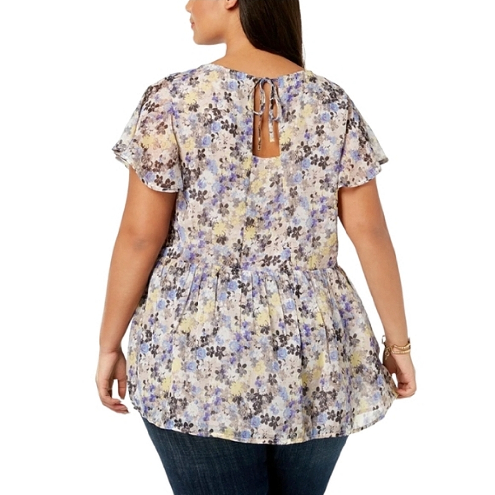 Lucky Brand Floral Short-Sleeve Peplum Top in Lavender, Yellow, Cream - Picture 2 of 8
